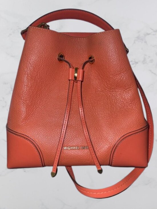 Michael Kors Handbags - MICHAEL KORS Leather Medium MERCER GALLERY Drawstring Bucket Bag-Coral/Pink